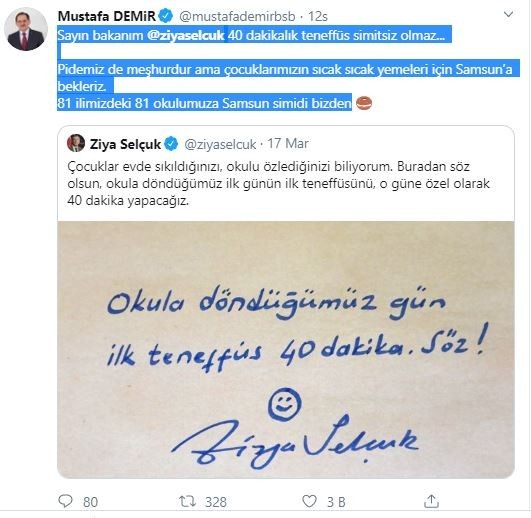 Başkan Demir’den Bakan Selçuk’a ‘simitli’ destek
