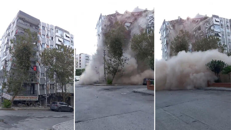 İzmir’de deprem… 7 katlı binanın yıkılma anları görüntülendi!