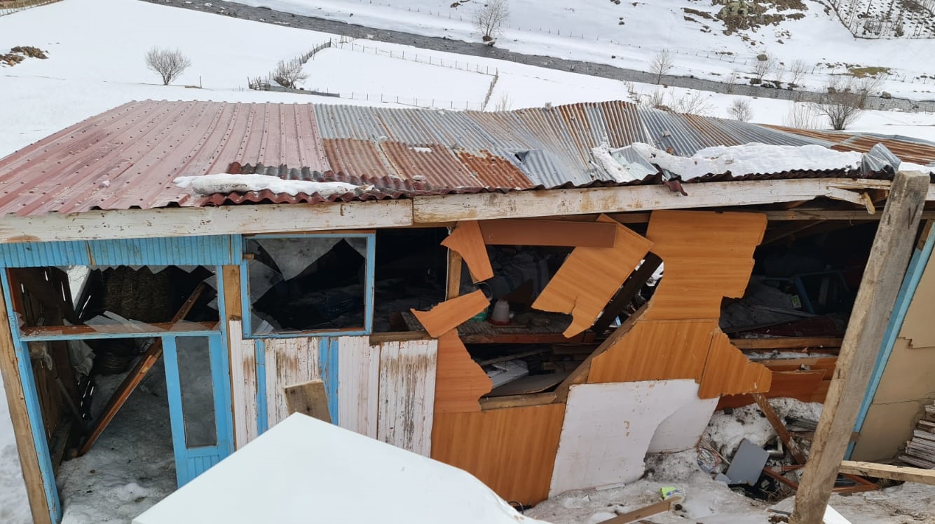 Ordu’da üzerine kar kütlesi düşen ev hasar gördü