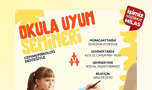 Milas Belediyesi tarafından okula yeni başlayacak öğrencilerin velileri için ‘Okula Uyum Semineri’ gerçekleştirilecek.