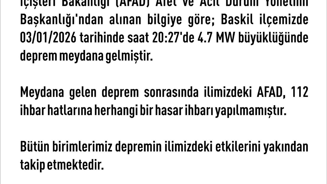 Elazığ’da 4.7 Büyüklüğünde Deprem: Hasar İhbarı Yok